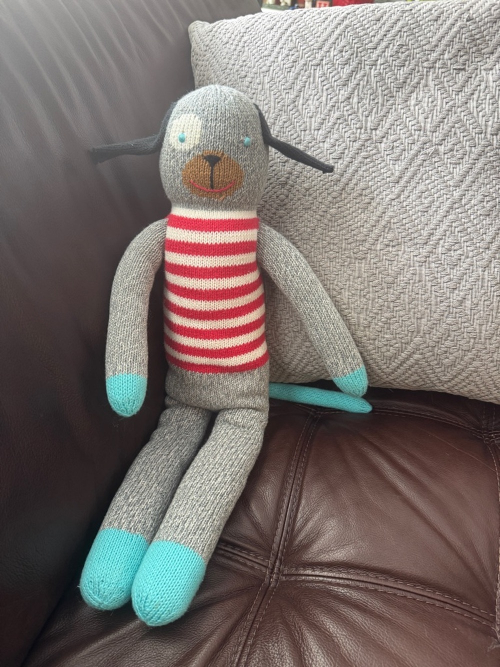 Blabla Kids Gray and Red Striped Knit Puppy Plush Toy with Turquoise Accents